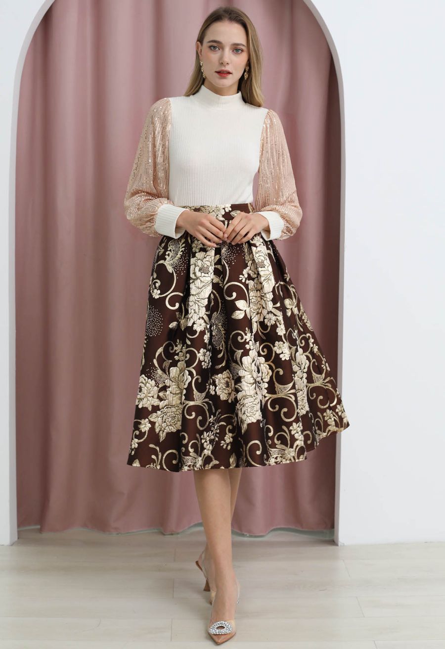 Sequin Mesh Sleeves Mock Neck Knit Top in Cream