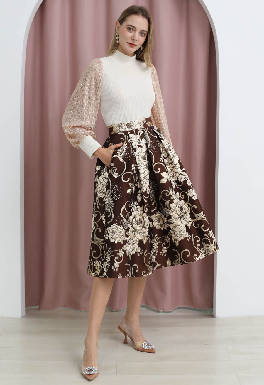 Sequin Mesh Sleeves Mock Neck Knit Top in Cream