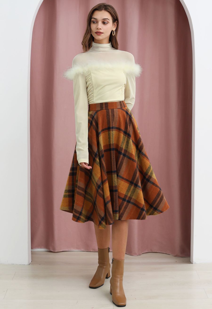 Perfect in Plaid A-Line Wool-Blend Midi Skirt in Pumpkin