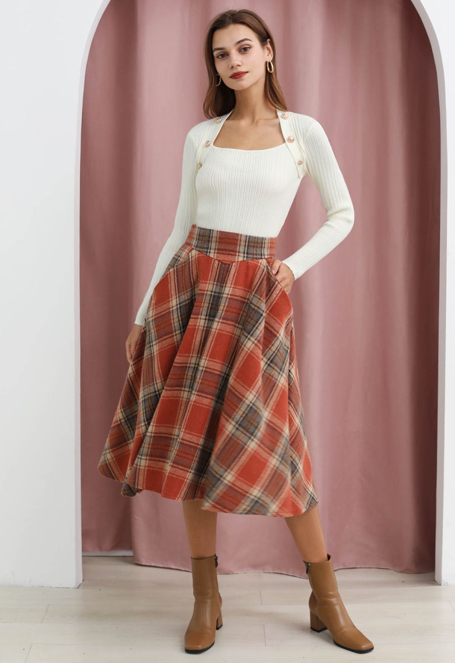 Multicolor Check Print Wool-Blend A-Line Skirt