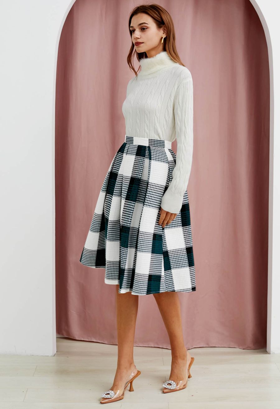 Dark Green Check Waffle Texture Pleated Midi Skirt