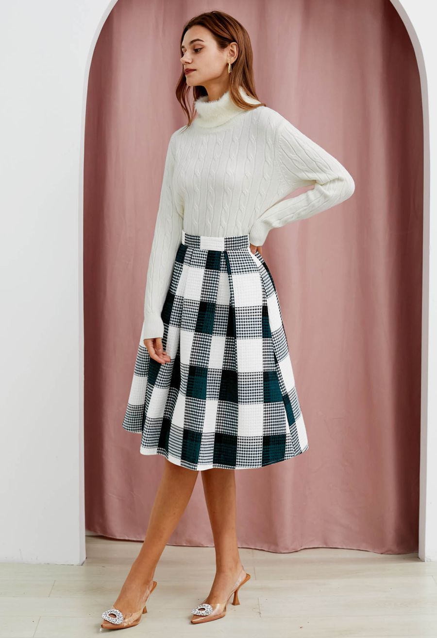 Dark Green Check Waffle Texture Pleated Midi Skirt