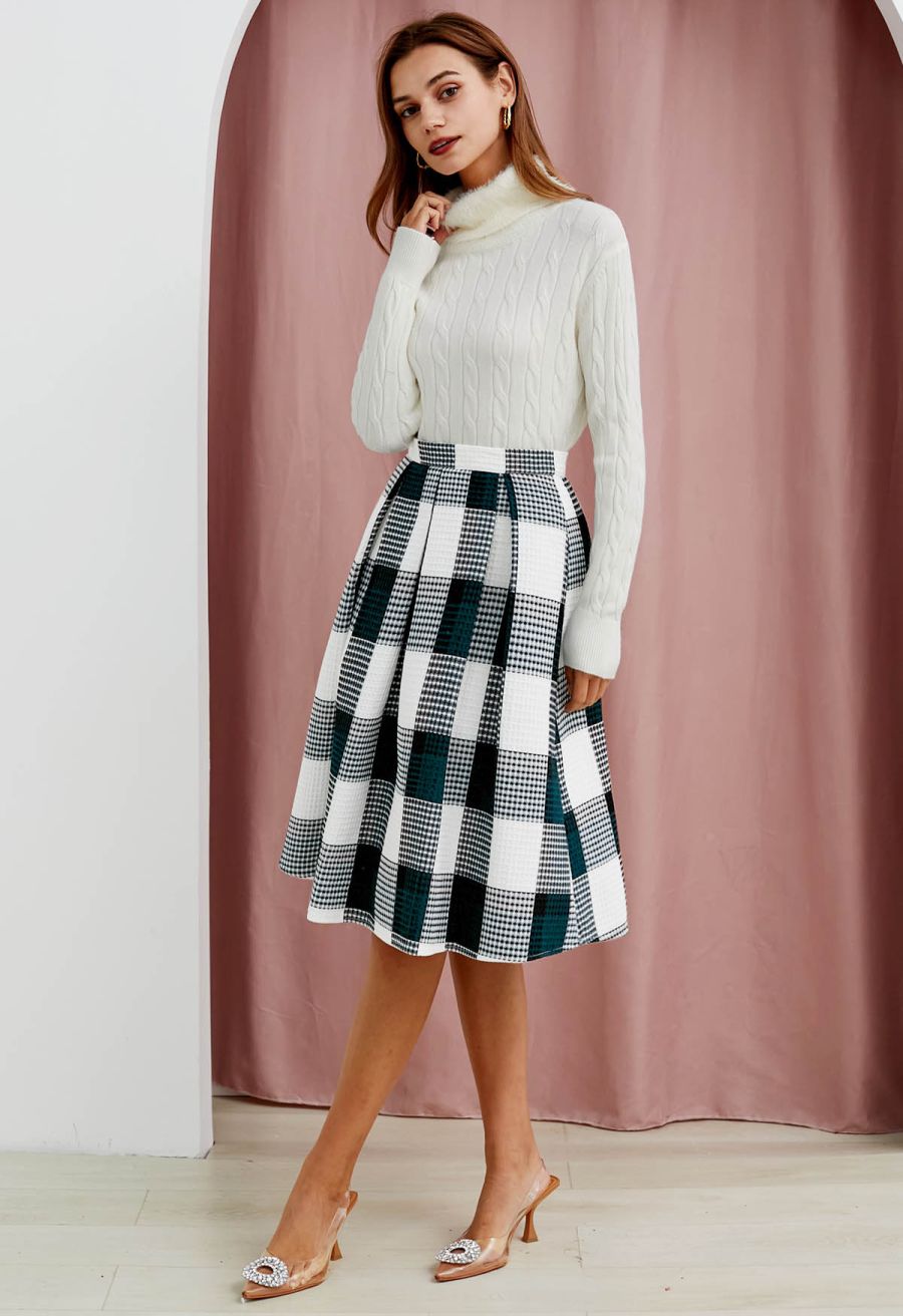 Dark Green Check Waffle Texture Pleated Midi Skirt