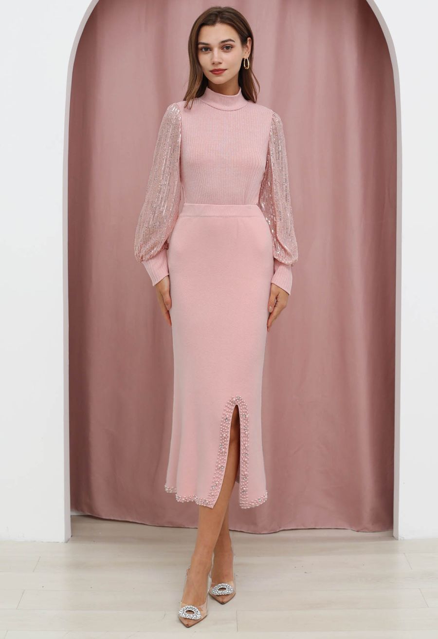 Sequin Mesh Sleeves Mock Neck Knit Top in Pink