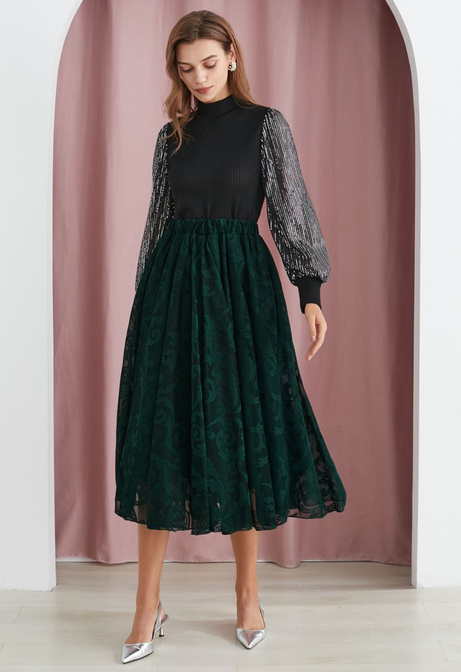 Sequin Mesh Sleeves Mock Neck Knit Top in Black