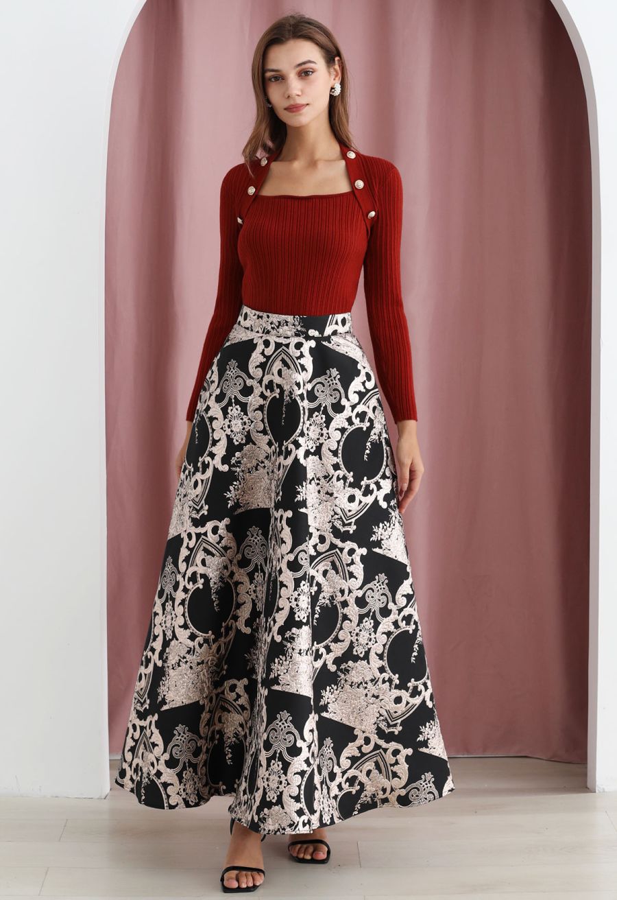 Button Embellished Square Neck Knit Top in Red