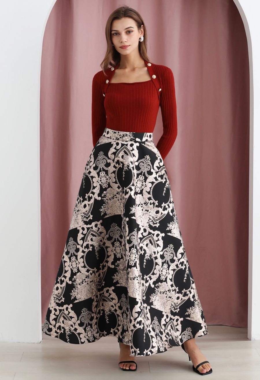 Button Embellished Square Neck Knit Top in Red