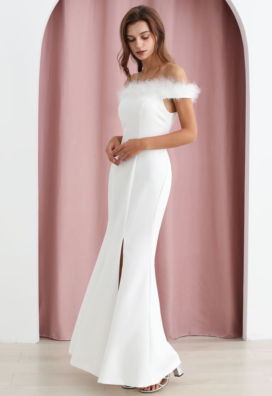 Feather Trim Neckline Slit Gown in White