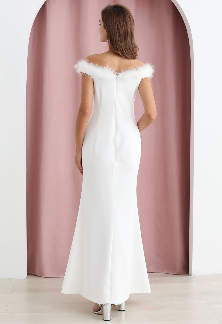 Feather Trim Neckline Slit Gown in White