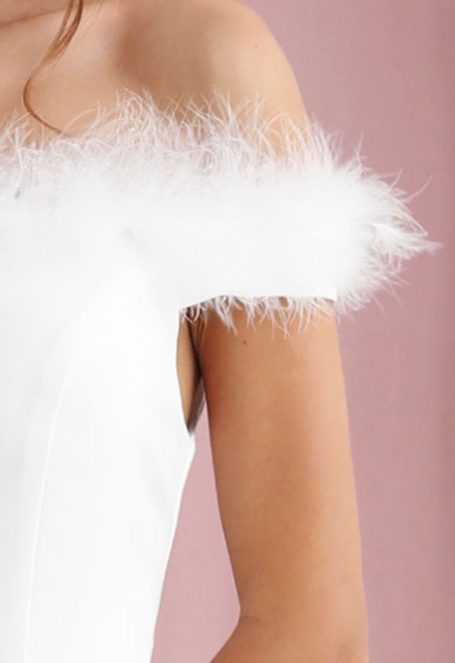 Feather Trim Neckline Slit Gown in White