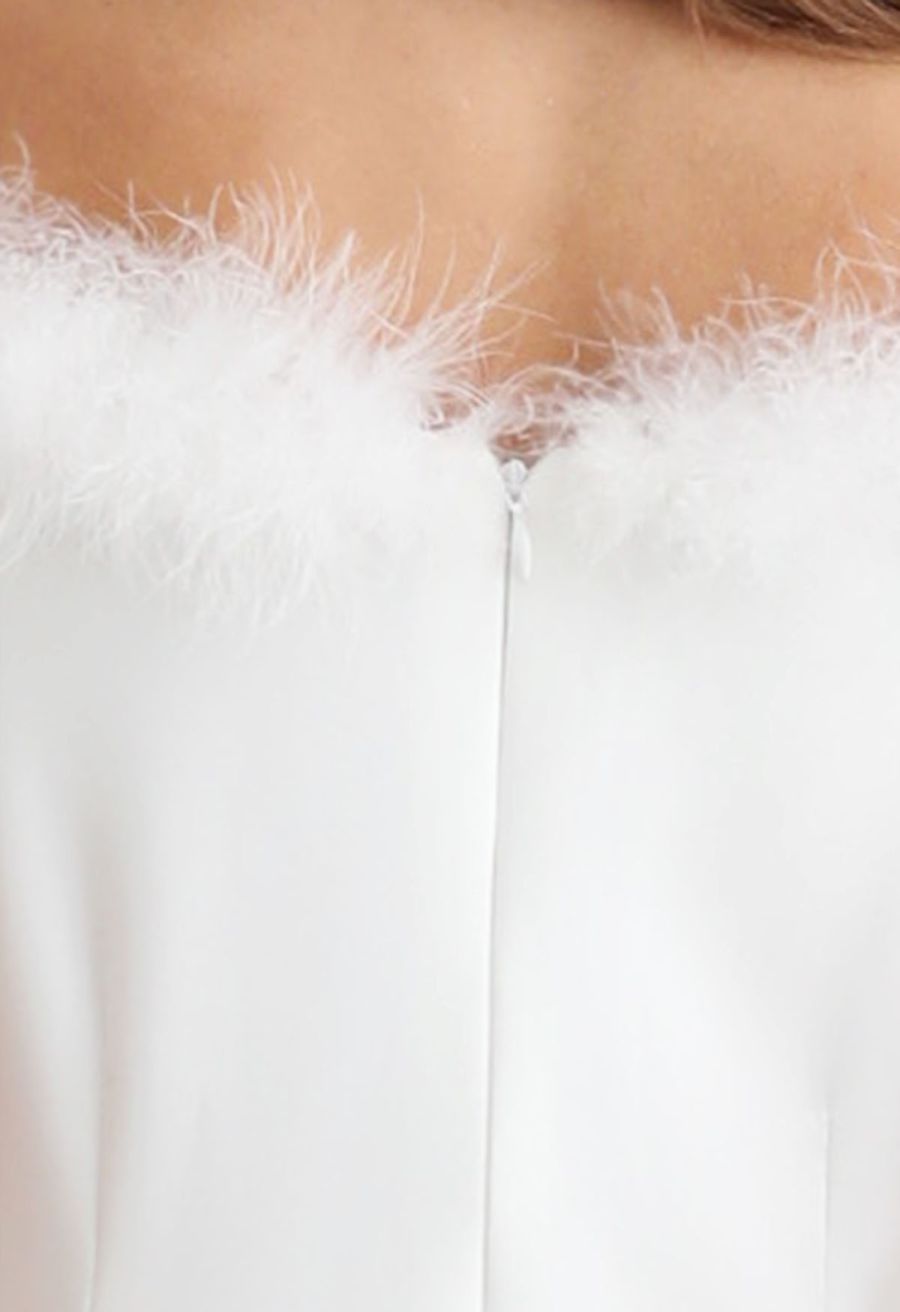 Feather Trim Neckline Slit Gown in White