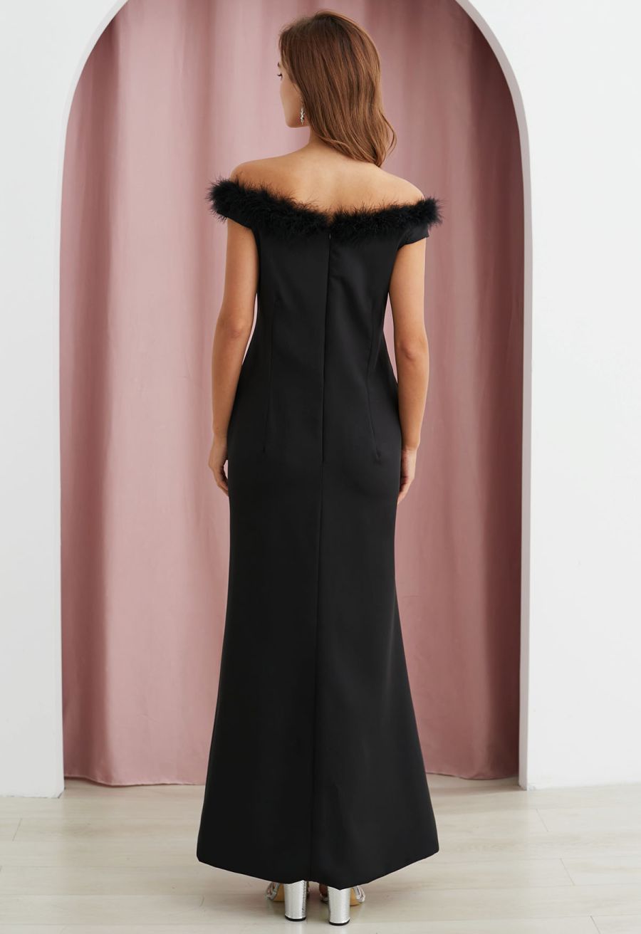 Feather Trim Neckline Slit Gown in Black