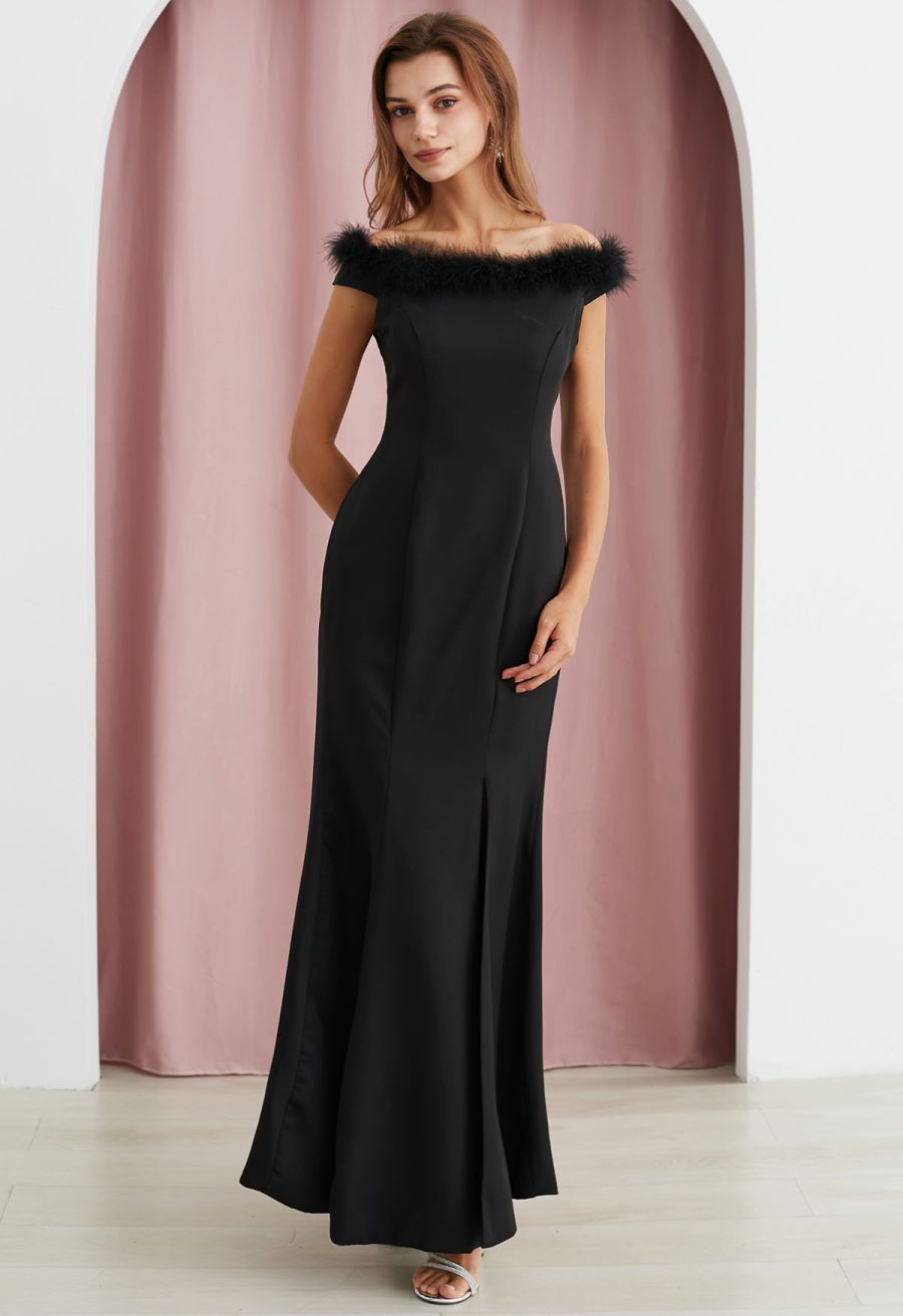 Feather Trim Neckline Slit Gown in Black