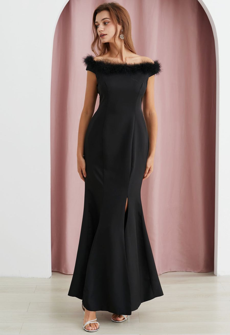 Feather Trim Neckline Slit Gown in Black