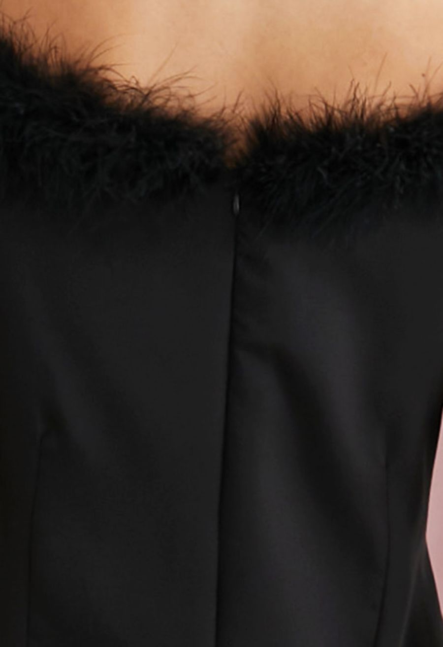 Feather Trim Neckline Slit Gown in Black
