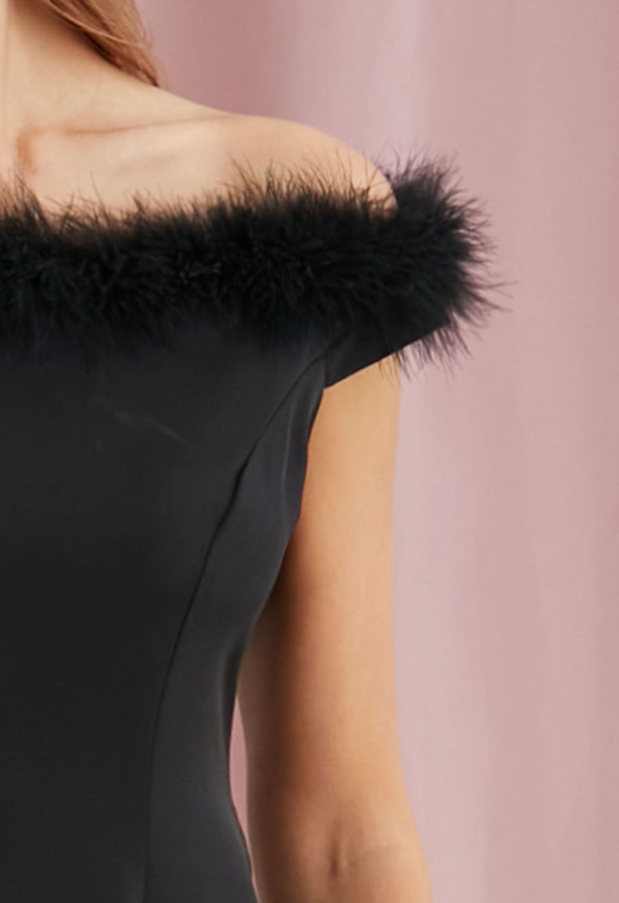Feather Trim Neckline Slit Gown in Black