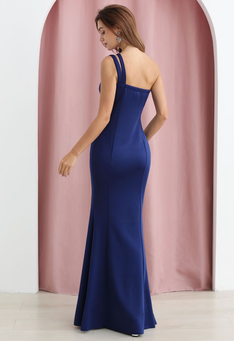 One-Shoulder Dual Strap Mermaid Gown in Navy