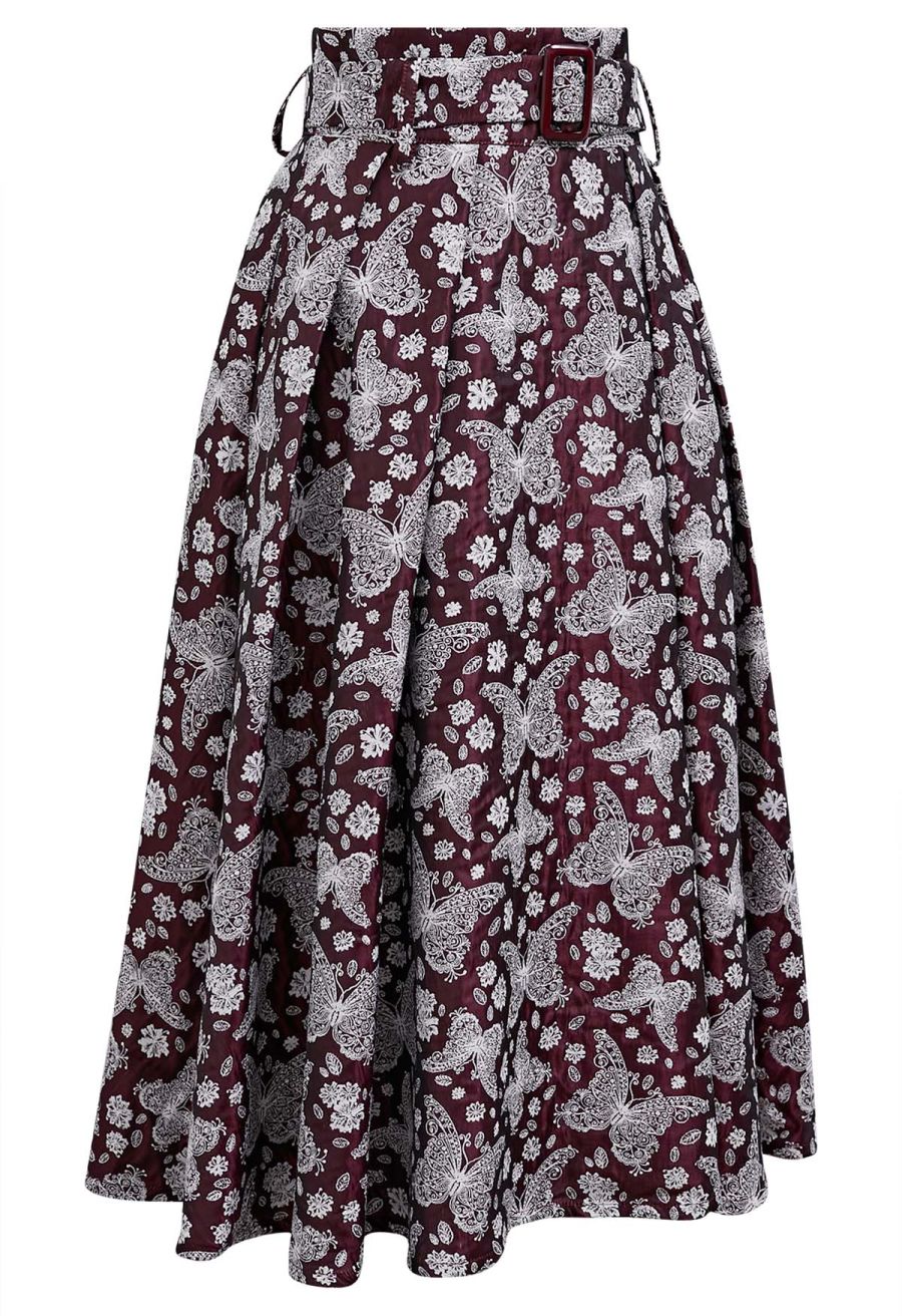 Whimsical Butterfly Belted A-Line Midi Skirt in Burgundy