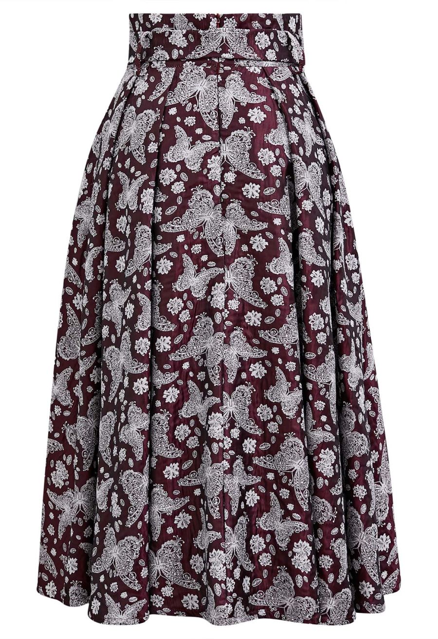 Whimsical Butterfly Belted A-Line Midi Skirt in Burgundy