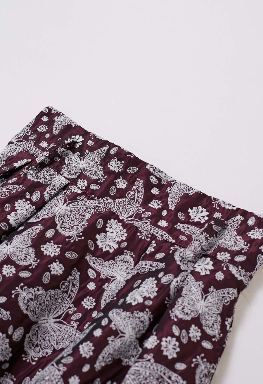 Whimsical Butterfly Belted A-Line Midi Skirt in Burgundy