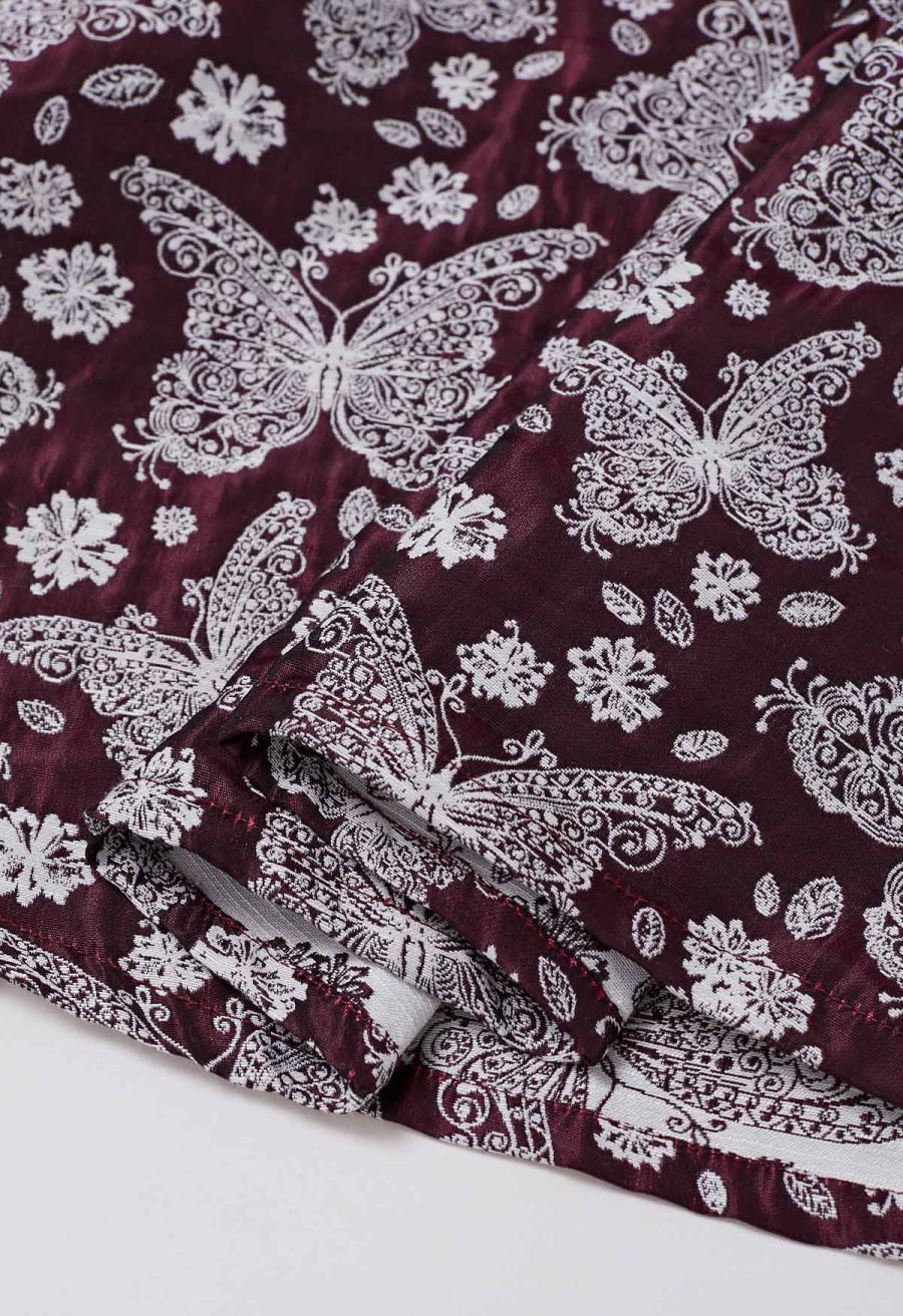 Whimsical Butterfly Belted A-Line Midi Skirt in Burgundy