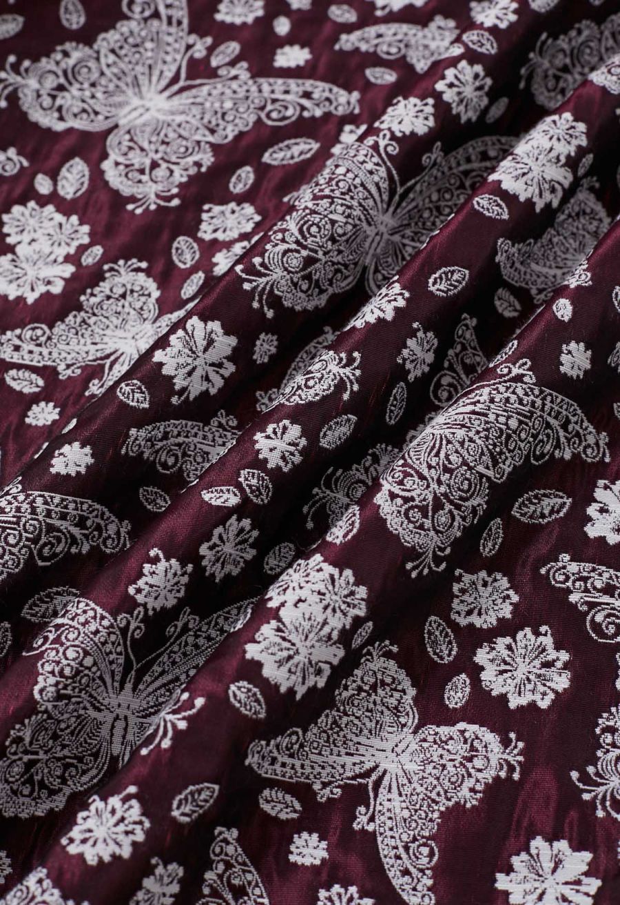 Whimsical Butterfly Belted A-Line Midi Skirt in Burgundy