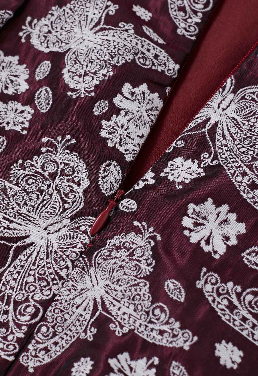 Whimsical Butterfly Belted A-Line Midi Skirt in Burgundy