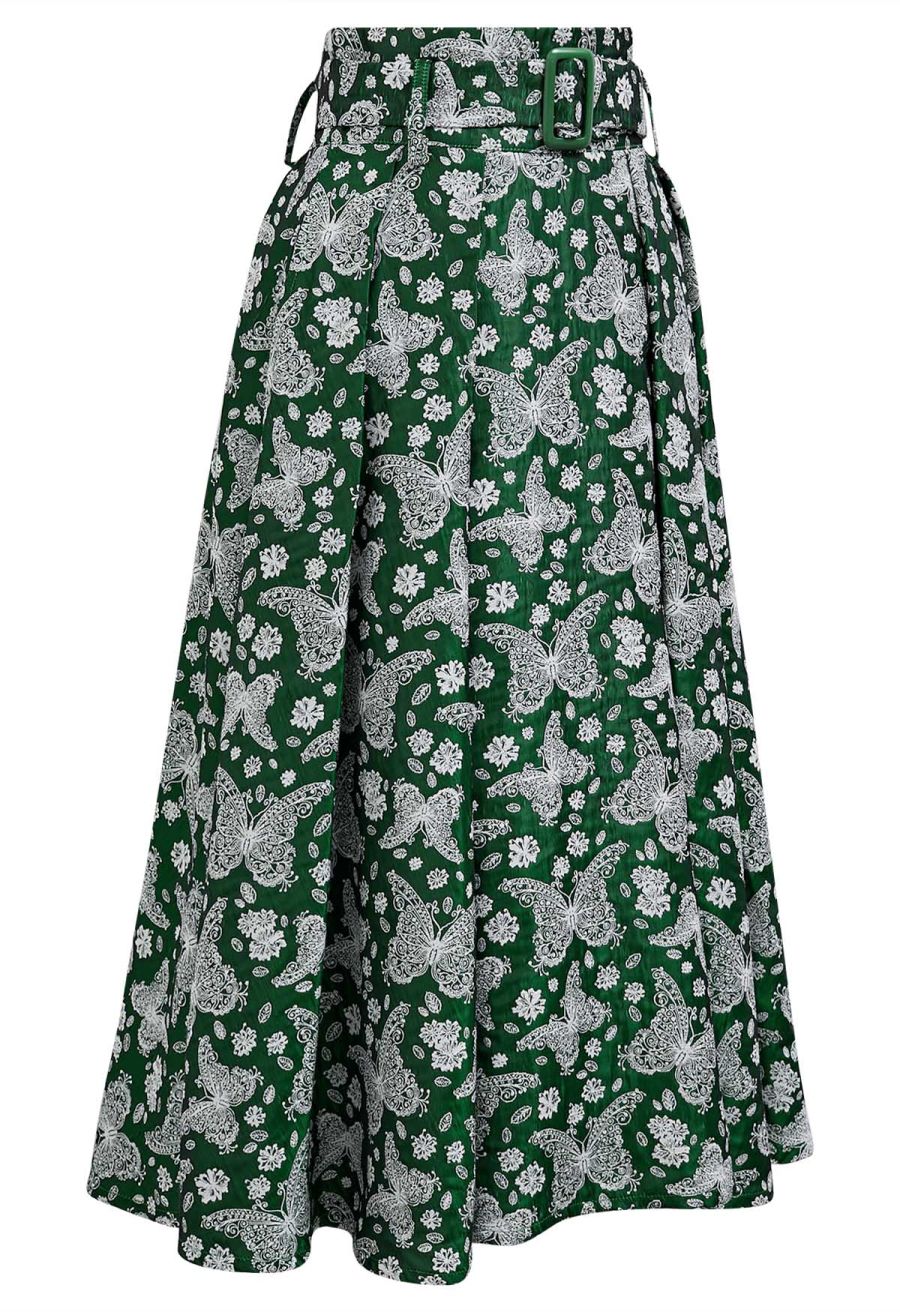 Whimsical Butterfly Belted A-Line Midi Skirt in Green