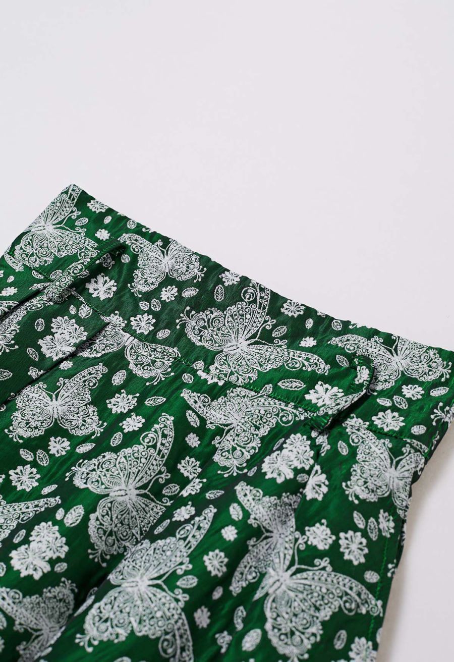 Whimsical Butterfly Belted A-Line Midi Skirt in Green