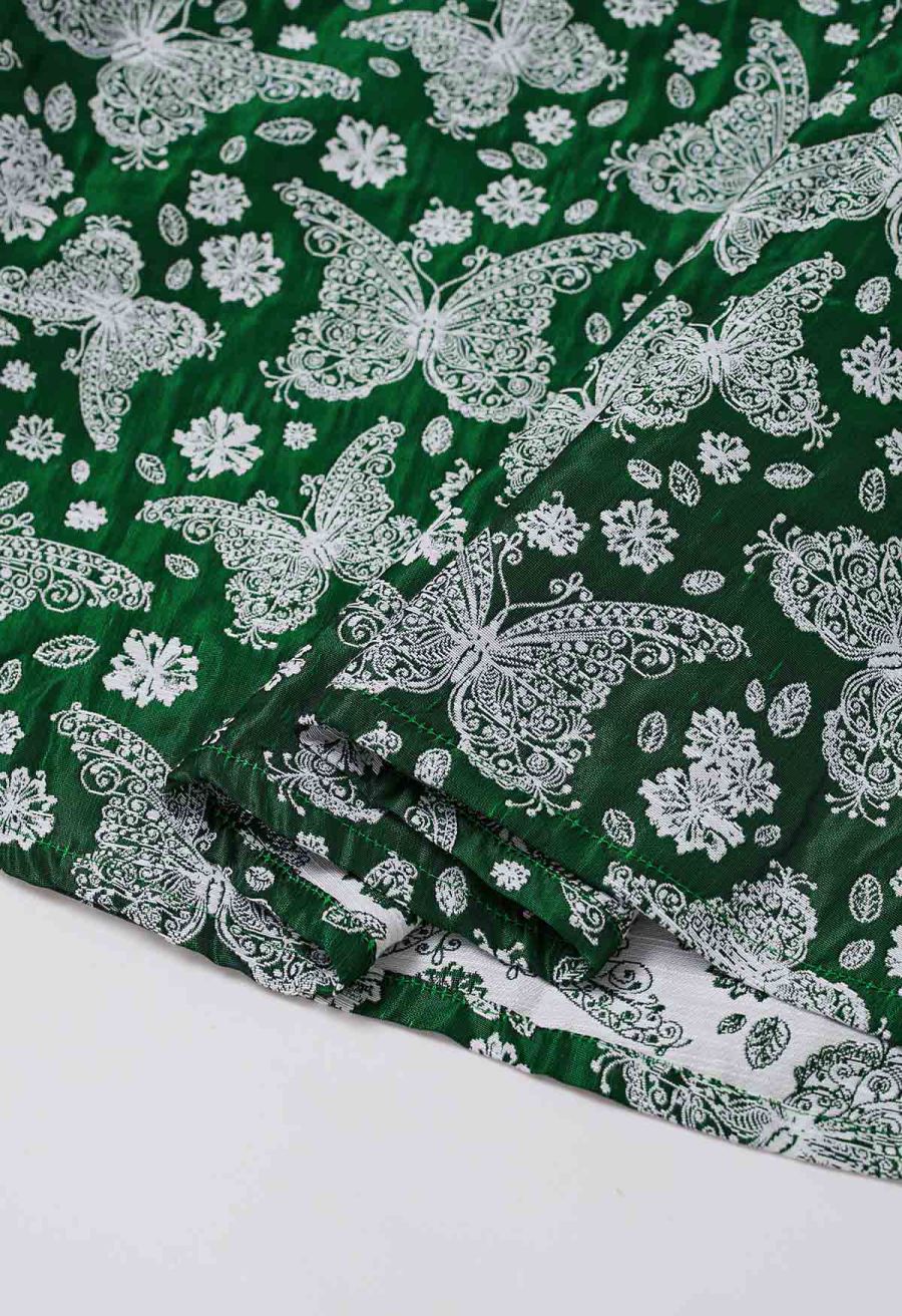 Whimsical Butterfly Belted A-Line Midi Skirt in Green