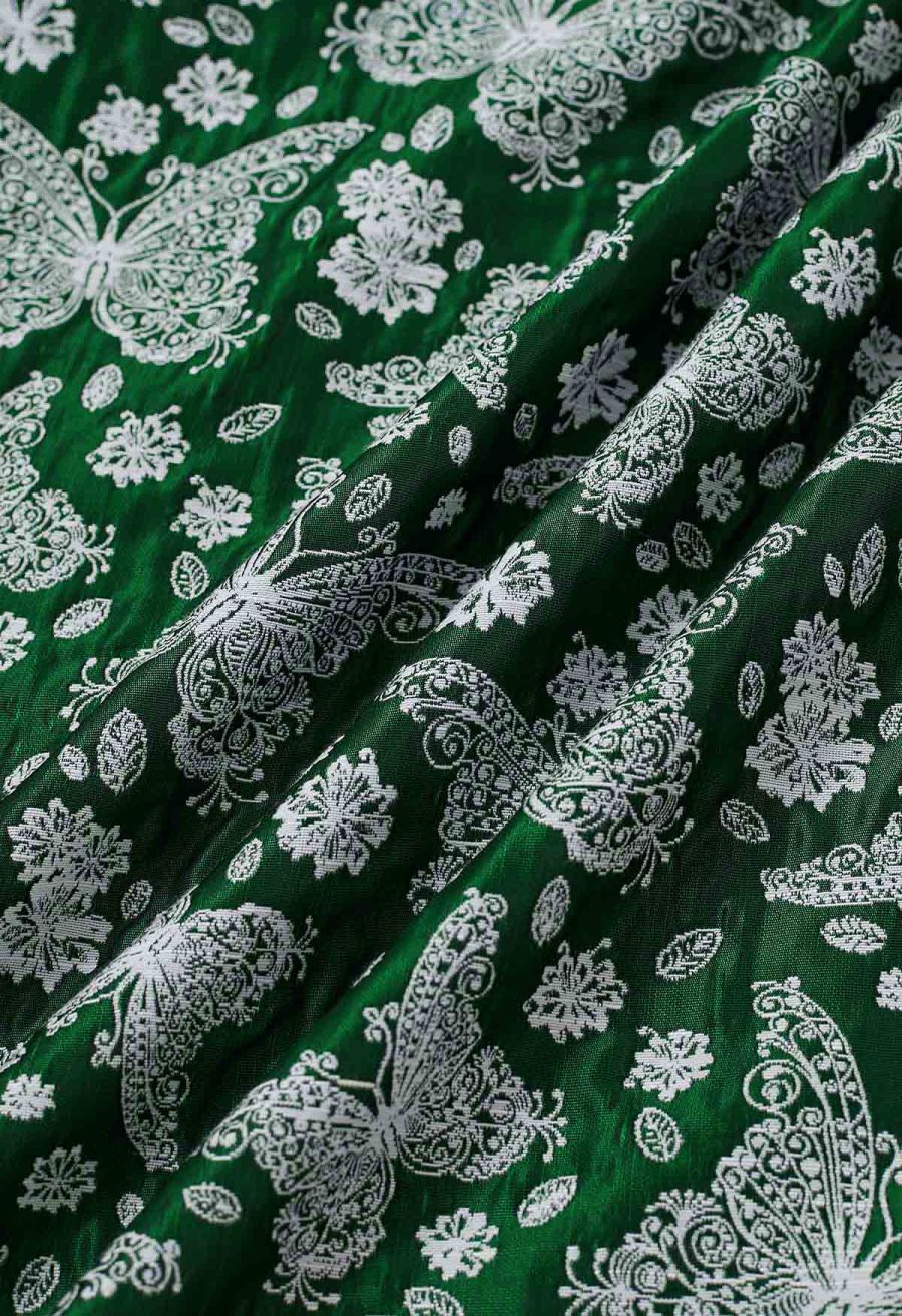 Whimsical Butterfly Belted A-Line Midi Skirt in Green