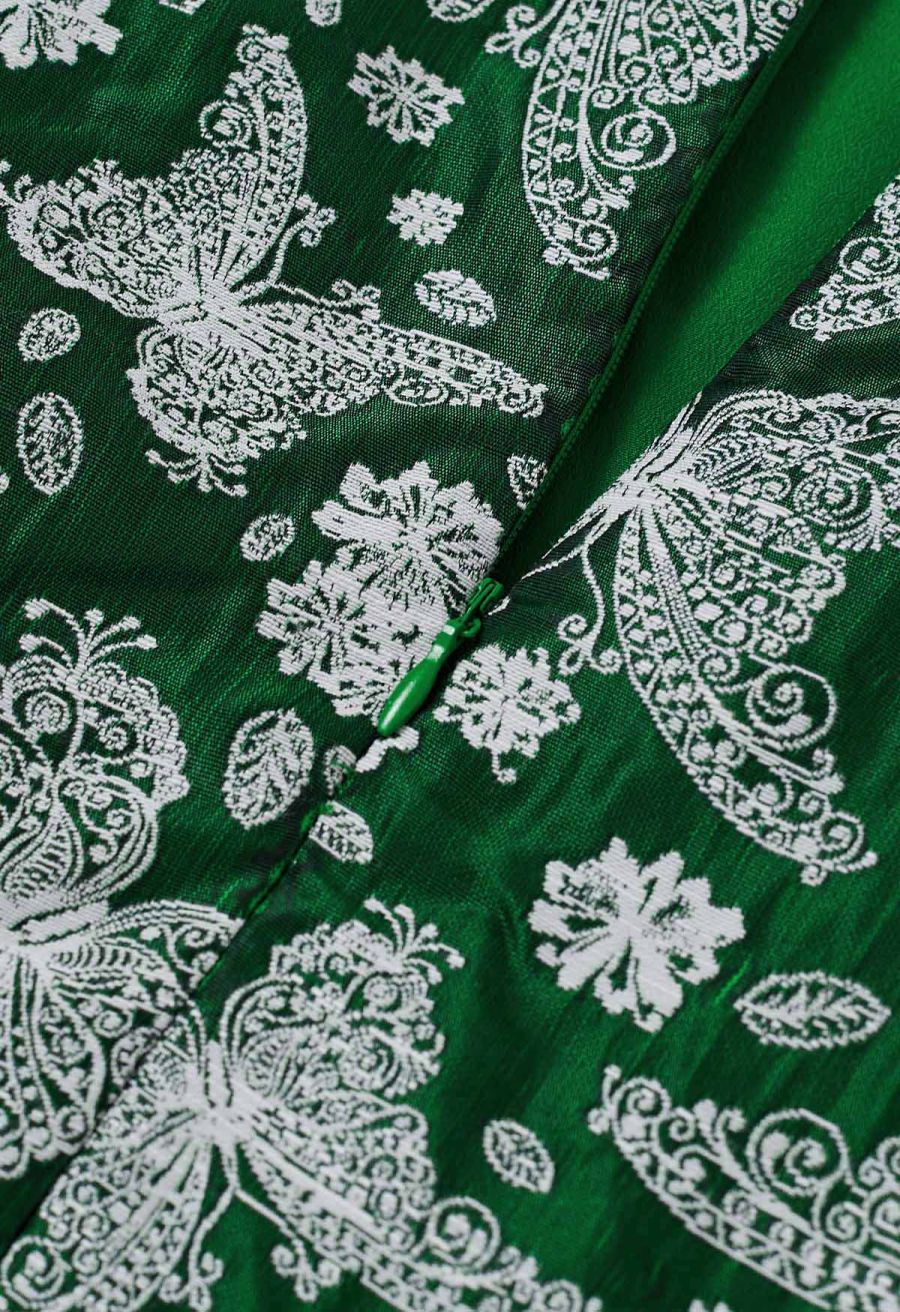 Whimsical Butterfly Belted A-Line Midi Skirt in Green