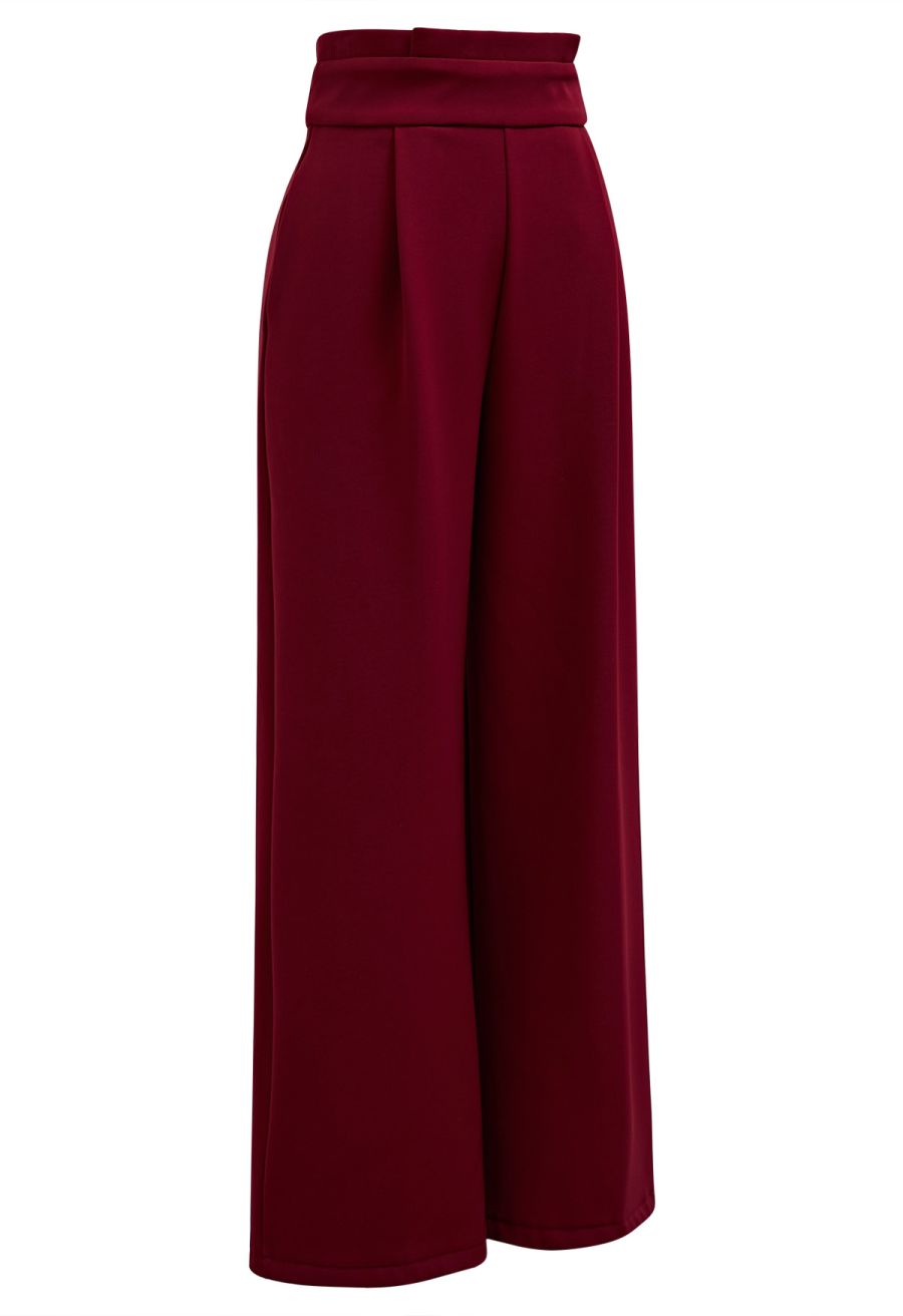 Pleated Waist Chunky Straight-Leg Pants in Burgundy