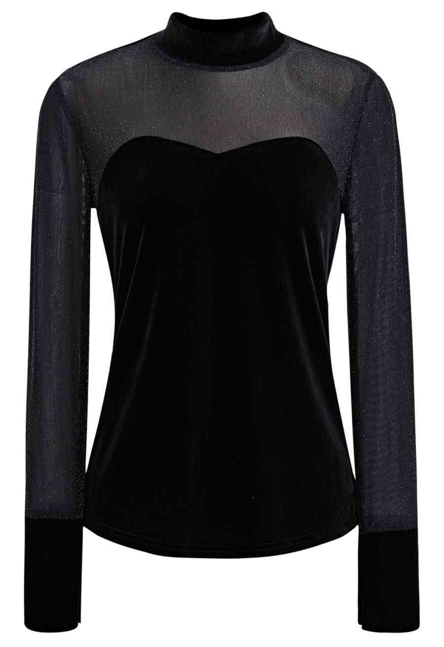 Shimmer Mesh Spliced Sweetheart Velvet Fitted Top