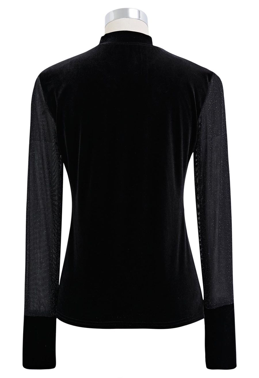 Shimmer Mesh Spliced Sweetheart Velvet Fitted Top