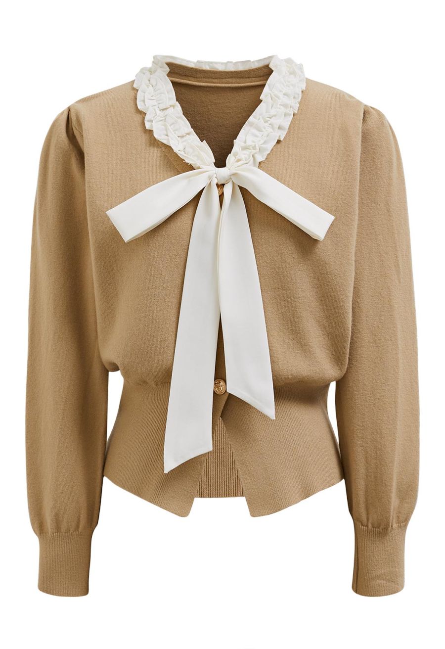 Ruffle Tie-Bow Wool-Blend Buttoned Top in Camel