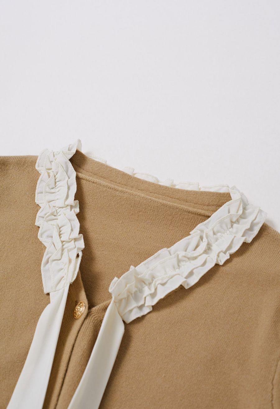 Ruffle Tie-Bow Wool-Blend Buttoned Top in Camel