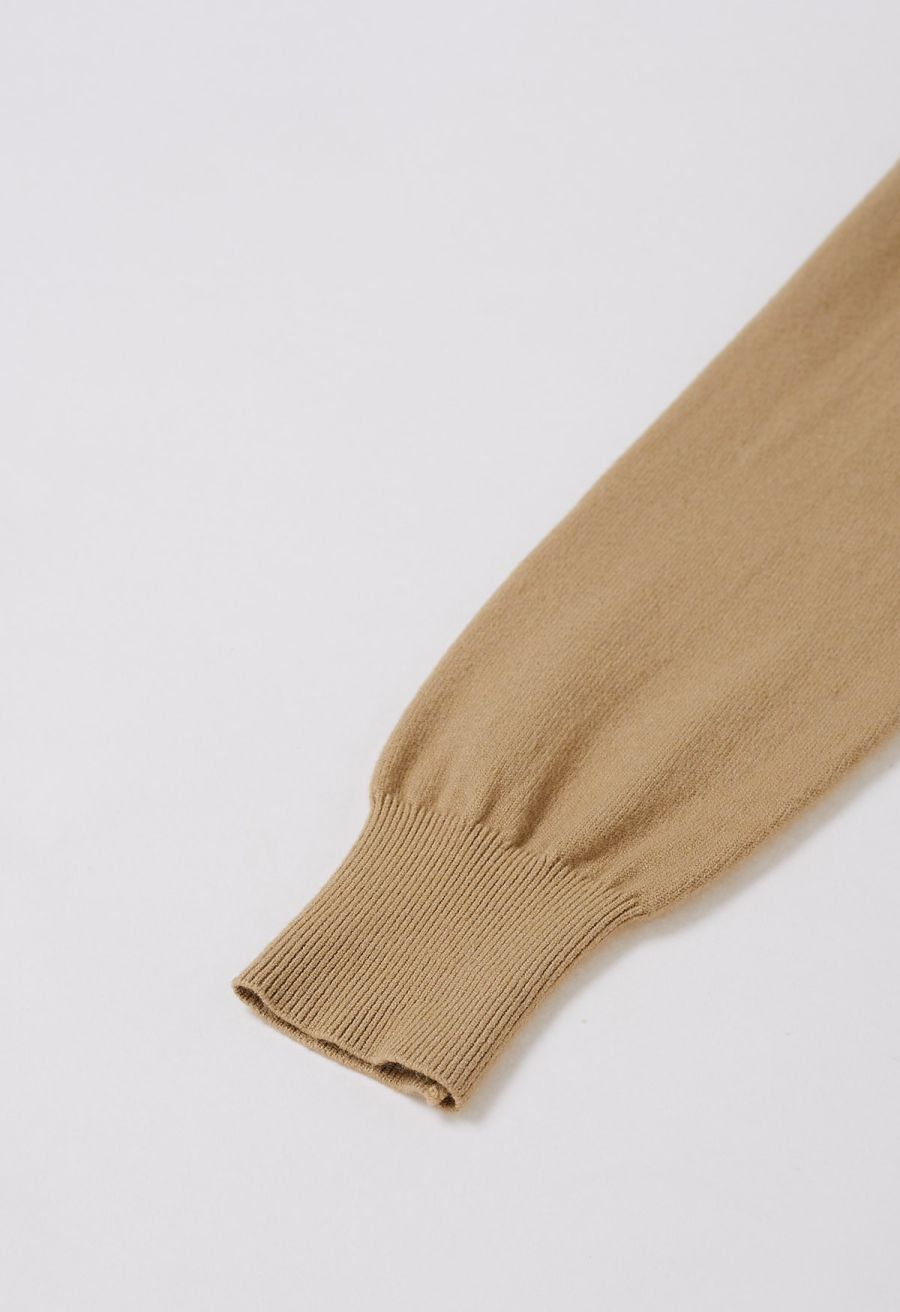 Ruffle Tie-Bow Wool-Blend Buttoned Top in Camel