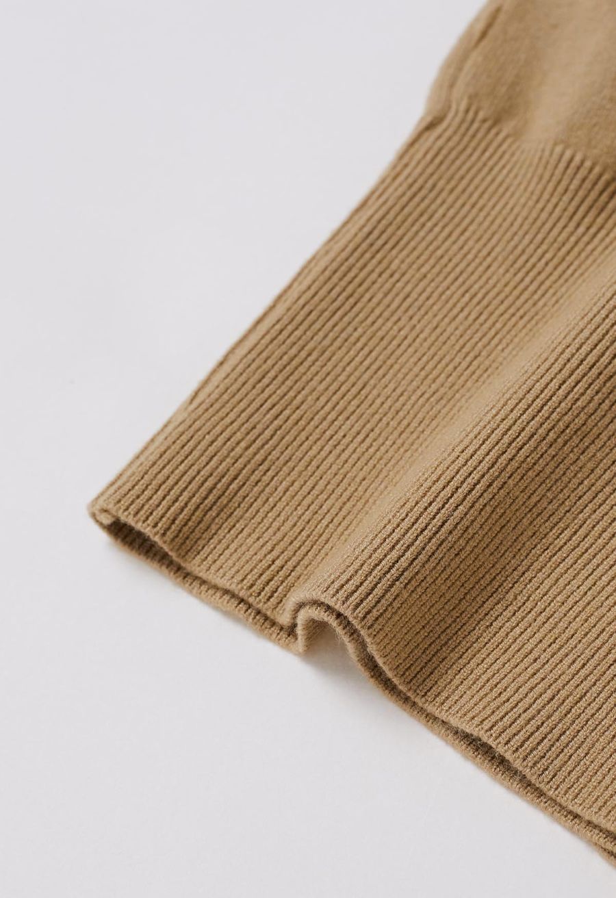 Ruffle Tie-Bow Wool-Blend Buttoned Top in Camel