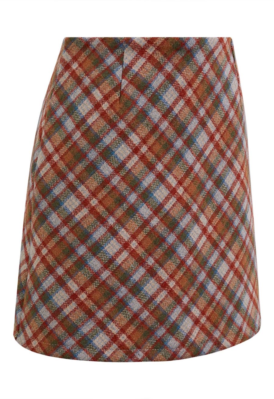 Retro Plaid Wool-Blend Mini Bud Skirt in Red