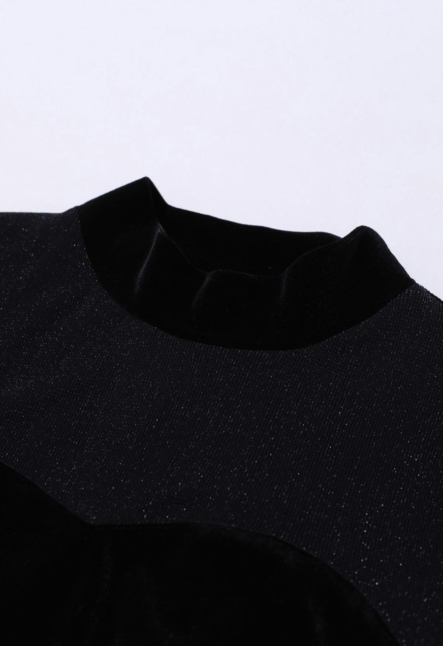 Shimmer Mesh Spliced Sweetheart Velvet Fitted Top