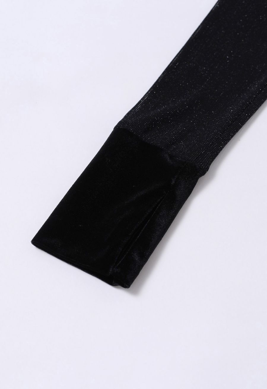 Shimmer Mesh Spliced Sweetheart Velvet Fitted Top