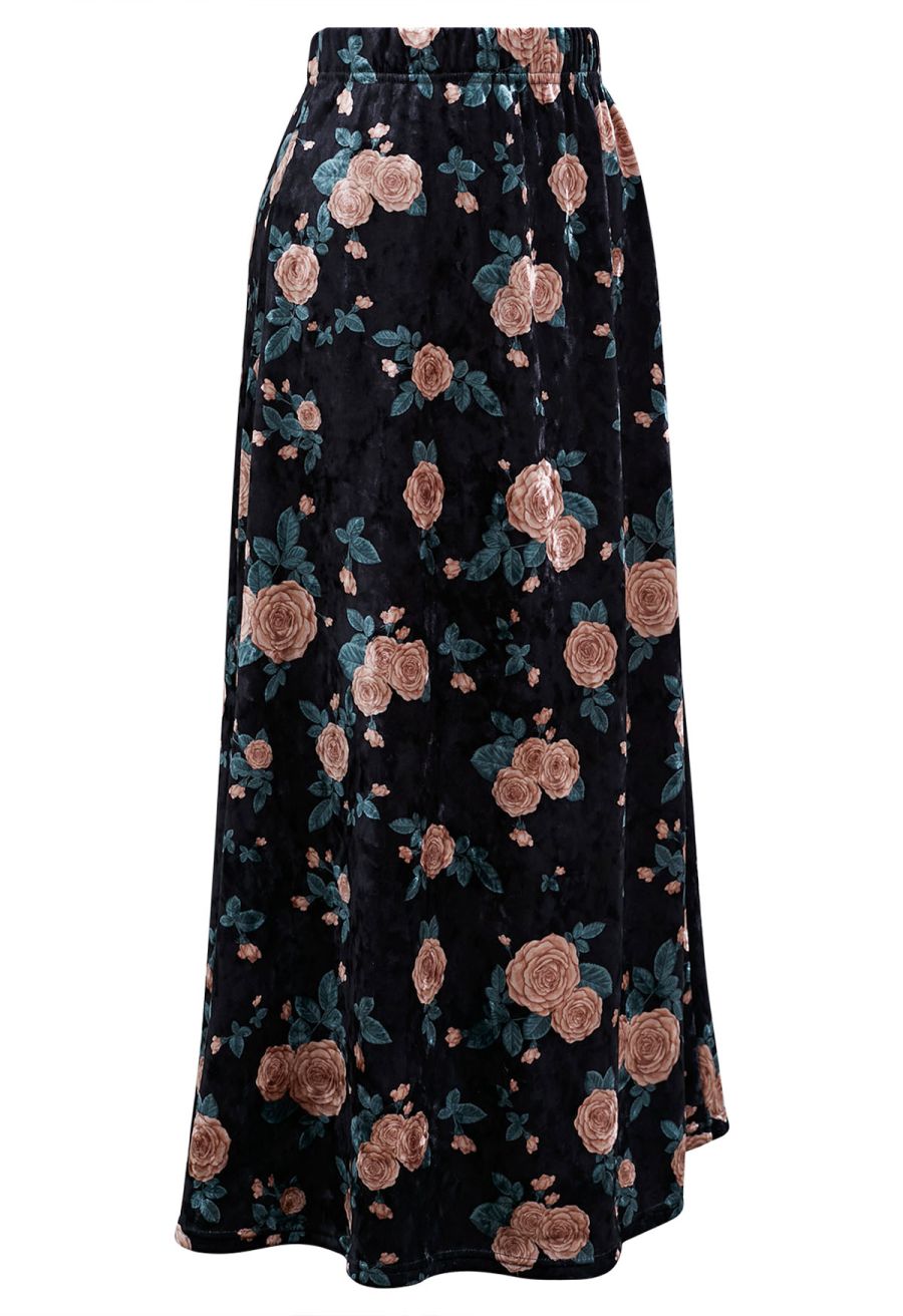 Pink Rose Printed Velvet Maxi Skirt
