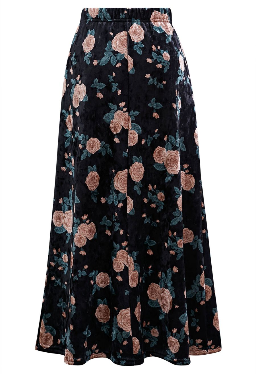 Pink Rose Printed Velvet Maxi Skirt