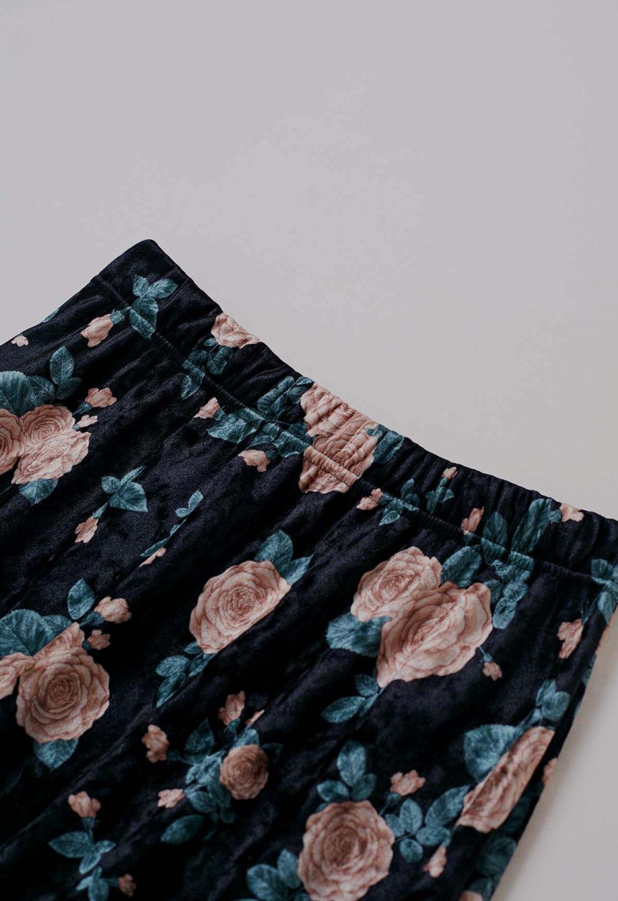 Pink Rose Printed Velvet Maxi Skirt