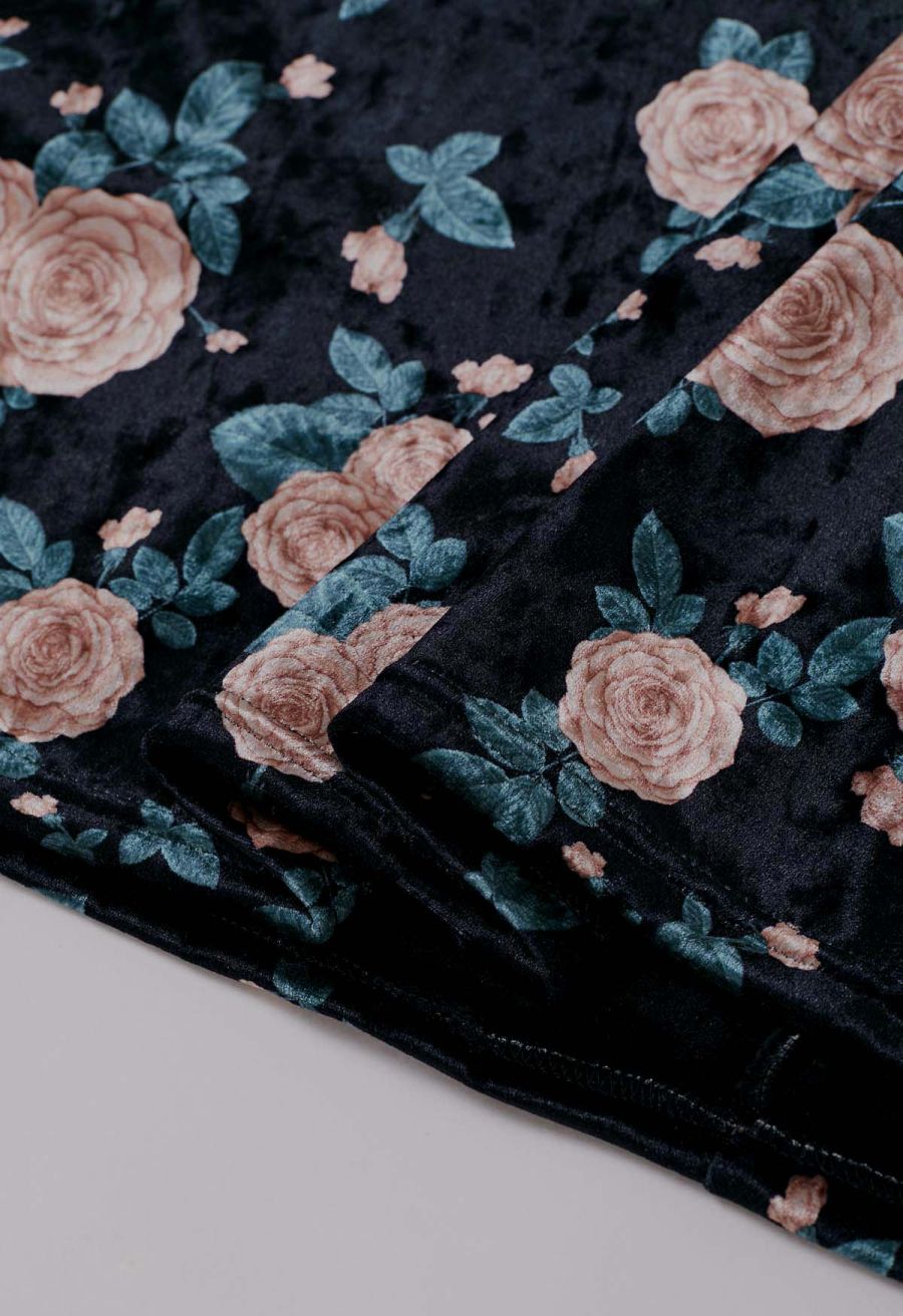 Pink Rose Printed Velvet Maxi Skirt