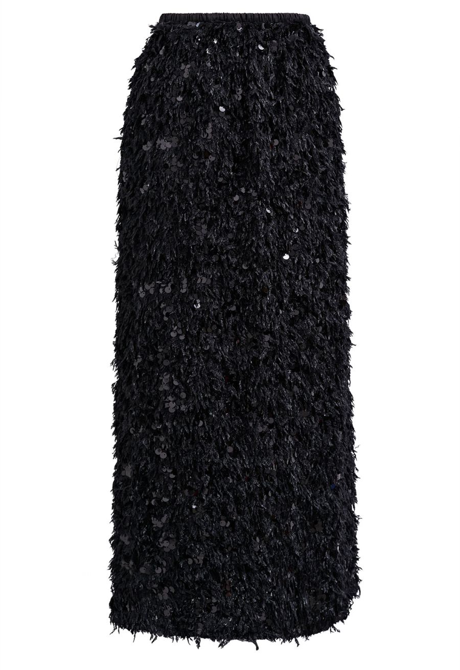 Full Feather Sequined Pencil Skirt in Black