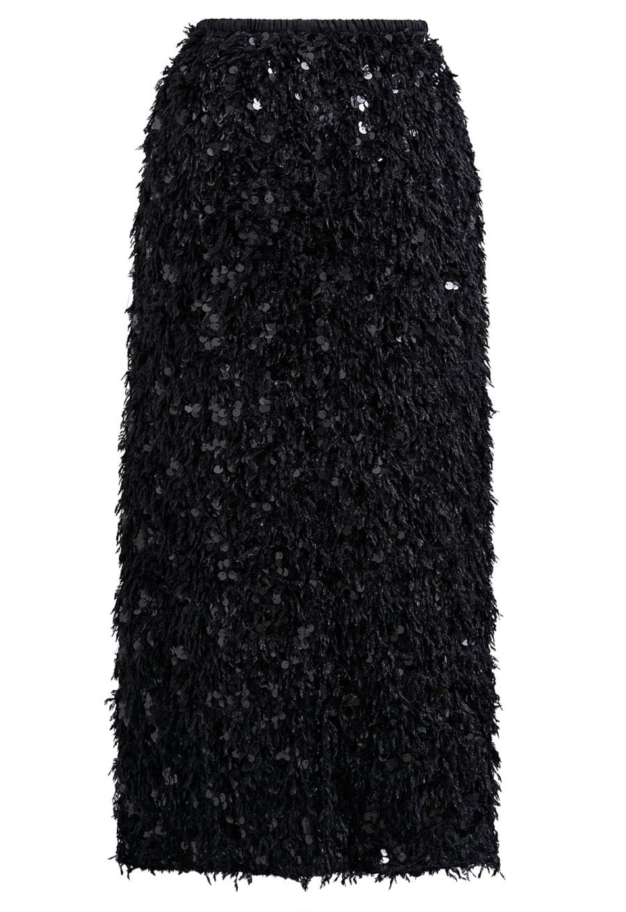 Full Feather Sequined Pencil Skirt in Black