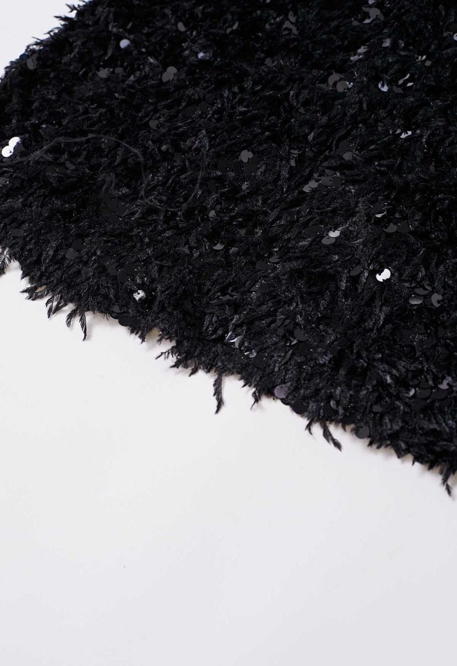 Full Feather Sequined Pencil Skirt in Black