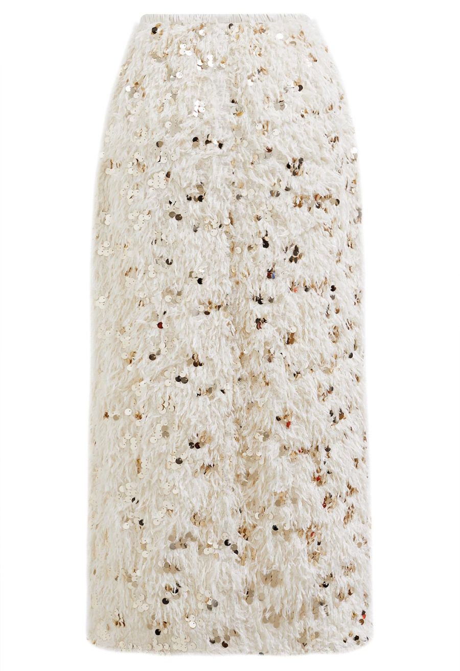 Full Feather Sequined Pencil Skirt in Cream